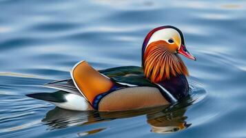 Beautiful mandarin duck swimming gracefully in calm water during a bright, sunny day photo