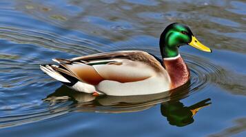 Male mallard duck swims peacefully in a serene pond surrounded by calm water photo