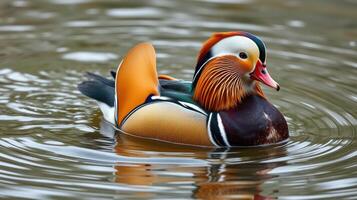 Colorful mandarin duck swimming gracefully in serene water with ripples reflecting its vibrant plumage photo
