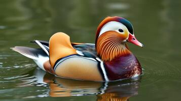 Colorful mandarin duck swimming gracefully in tranquil waters during daylight hours photo