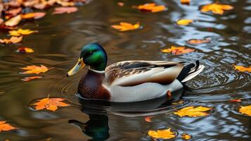 Mallard duck swimming in a tranquil pond surrounded by autumn leaves during a sunny afternoon photo