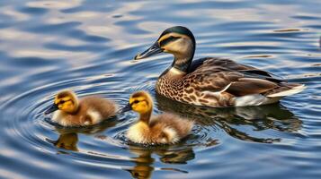 Mother duck swimming with her cute ducklings in a serene pond during a sunny afternoon photo