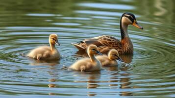 Mother duck swims calmly with her three fluffy ducklings in the serene pond during a sunny day photo