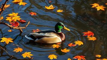 Mallard duck swimming in a tranquil pond surrounded by autumn leaves on a clear day photo