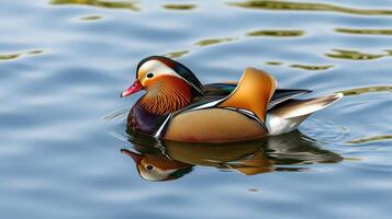 Colorful mandarin duck swimming gracefully in a serene pond surrounded by tranquil waters reflecting its vibrant plumage photo