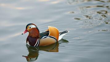 Vibrant mandarin duck swimming gracefully on calm water in a serene natural setting photo