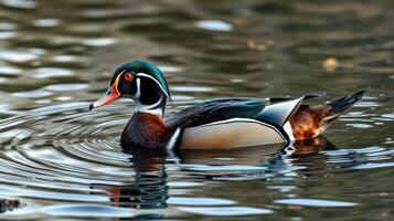 Wood duck swimming gracefully in calm waters surrounded by nature photo