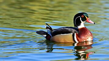 Wood duck swimming gracefully in a serene pond during a bright sunny day photo