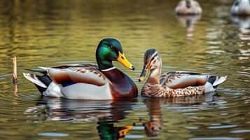Mallard ducks swimming together in a serene pond during a sunny day in spring photo