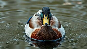 Mallard duck swims in tranquil waters, showcasing vibrant plumage and rippling reflections during a sunny day photo