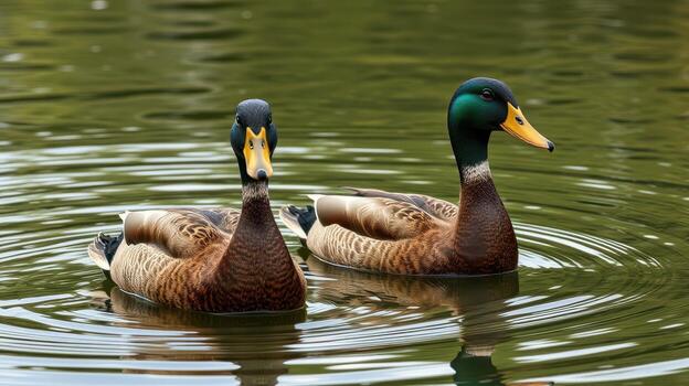 Ducks swim gracefully in a serene pond surrounded by lush greenery on a calm afternoon photo