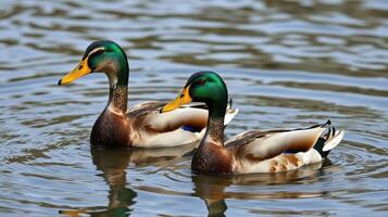 Ducks swimming gracefully in a serene pond surrounded by nature during a sunny day photo
