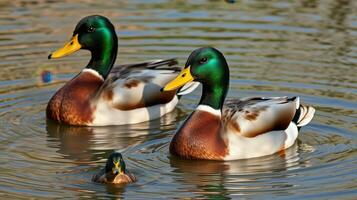 Ducks swimming gracefully in calm water at a park pond during the afternoon photo