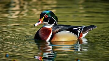 Wood duck gracefully swimming in a tranquil pond surrounded by lush greenery during a bright sunny day photo
