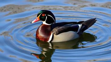 Colorful wood duck swimming serenely on a calm lake during early morning light photo