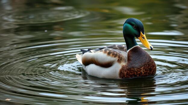 Duck gliding gracefully across a tranquil pond surrounded by rippling water and greenery during a sunny day photo