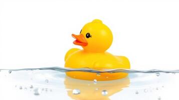 Floating yellow rubber duck in clear water creates a playful atmosphere in a bright setting photo
