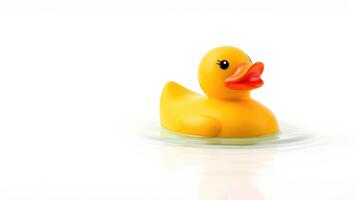 Bright yellow rubber duck floats on calm water against a light background photo