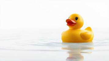 Colorful rubber duck floating gently on calm water in serene surroundings during bright daylight photo