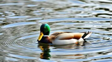 Beautiful mallard duck swimming serenely in a calm pond on a sunny day reflecting the surroundings in the water photo