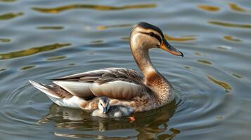 Mother duck swims gracefully with her duckling in a serene pond during a sunny afternoon photo