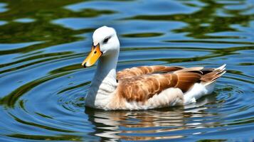 Duck swims gracefully in a serene pond surrounded by lush greenery on a sunny afternoon photo