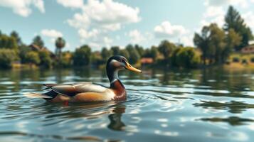 Mallard duck swimming gracefully on a serene lake during a sunny afternoon with lush greenery in the background photo