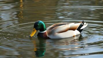 Colorful mallard duck swimming gracefully in a serene pond surrounded by reflections photo