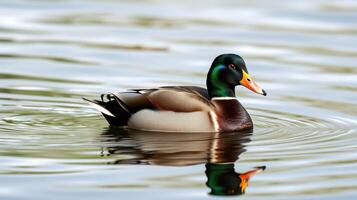 Mallard duck swimming gracefully in calm waters at a serene lake surrounded by nature photo