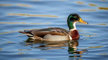 Colorful mallard duck swimming gracefully in calm waters during a sunny day photo
