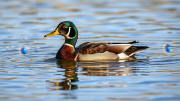 Colorful male duck swimming gracefully in a serene pond during daylight photo
