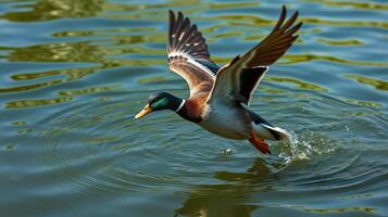 Duck takes flight over tranquil water while creating ripples on a sunny day photo