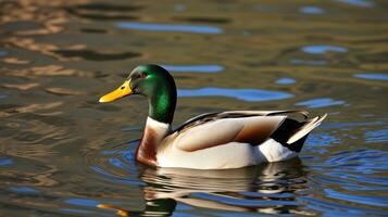 Male mallard duck swimming on a calm lake reflecting sunlight in a tranquil natural setting photo