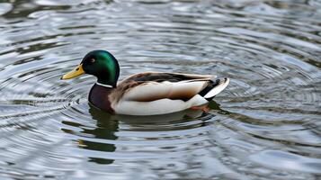 Mallard duck swimming gracefully in rippling water during a tranquil afternoon photo