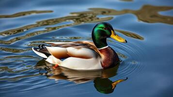 Duck swimming gracefully in a serene lake during a sunny afternoon photo