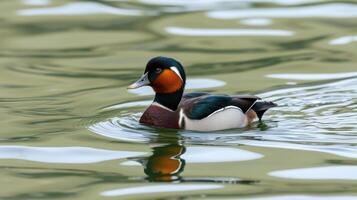 Male duck swims gracefully in calm waters reflecting vibrant colors of nature photo