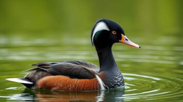 Colorful duck swims gracefully in a serene pond during the afternoon photo