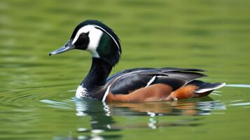 Colorful duck swimming gracefully in a serene body of water surrounded by lush greenery photo