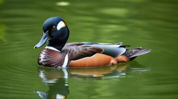 Vibrant duck swimming gracefully on a serene green pond in a tranquil natural setting photo