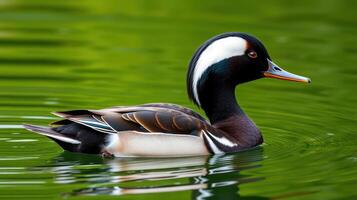 Colorful male duck swimming gracefully in a lush green pond during a sunny day photo