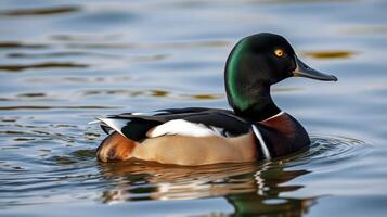 Mallard duck swimming gracefully on a serene lake during a clear day photo