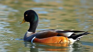 Colorful male duck swimming calmly in a serene body of water during a bright day in nature photo