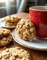Freshly baked cookies served with tea on a cozy wooden table in a warm indoor setting photo