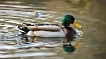 Mallard duck swimming gracefully in a serene pond during golden hour light photo