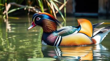 Mandarin duck swimming gracefully in a serene pond surrounded by greenery photo