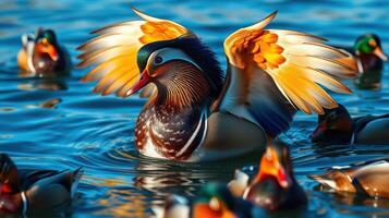 Colorful mandarin duck spreads wings amidst a group of ducks in a serene pond during sunrise photo