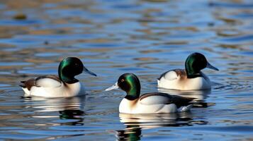 Three male ducks swimming together in a calm pond during bright daylight photo