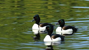 Three ducks swimming gracefully in a serene pond amidst lush greenery on a sunny day photo