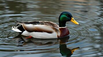 Colorful mallard duck swimming calmly in a serene pond during a sunny afternoon photo