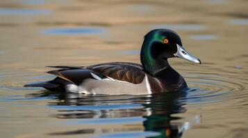 Colorful duck swims gracefully in a serene pond reflecting soft sunlight photo